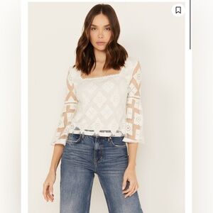 Shyanne White Diamond Embroidered Mesh Blouse 3/4 Sleeve O17